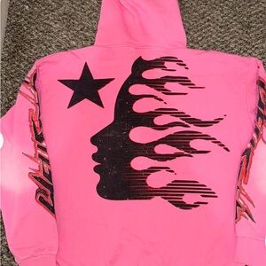 Pink Graphic V-Neck Sweater with Flame Profile